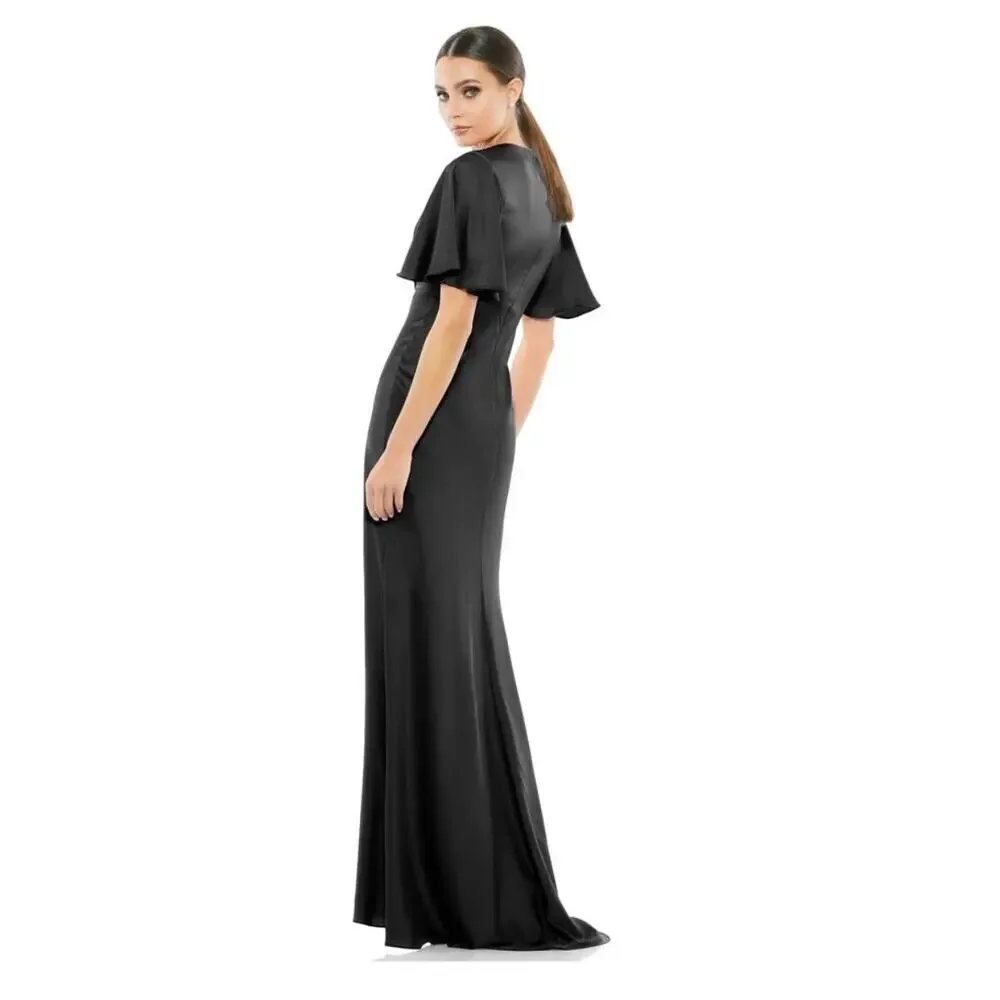 Ieena Mac Duggal 8 Black Satin Flutter Sleeve NWT